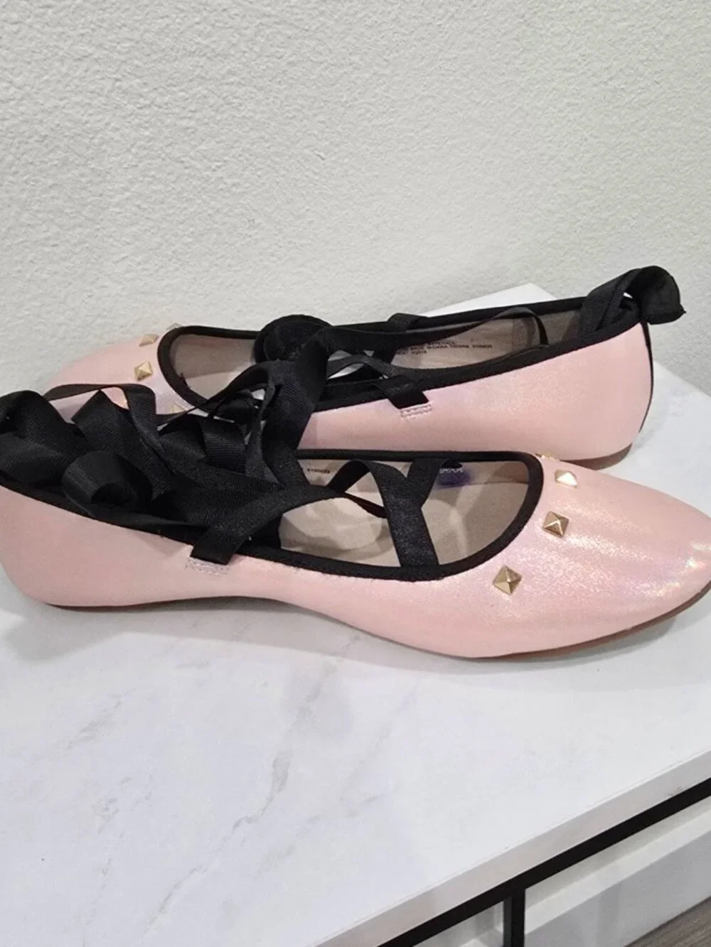 The Children’s Place ✦ Metallic Rose Ballet Flats ✦ Gold Studs Wraparound Ribbon